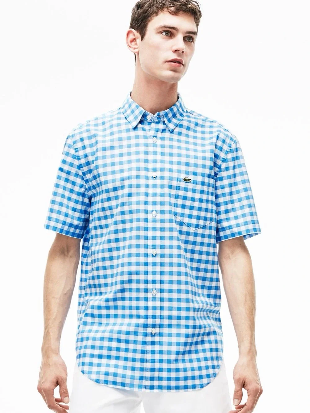 Lacoste Short-Sleeve Blue and White Gingham Button-Down Shirt